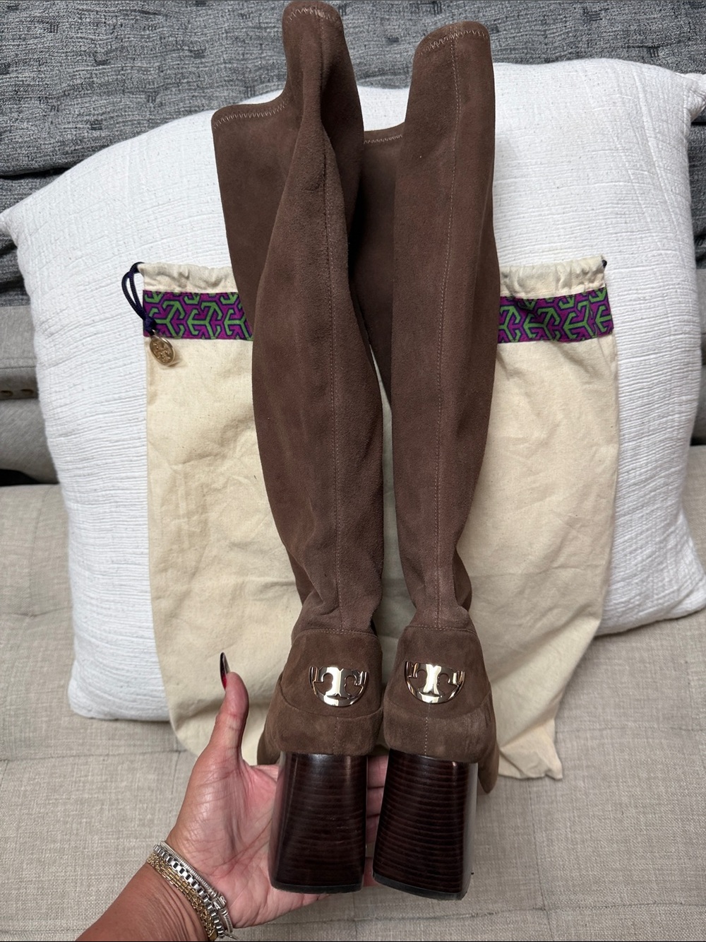 Tory Burch Brown Suede Knee-High Boots with Gold Hardware